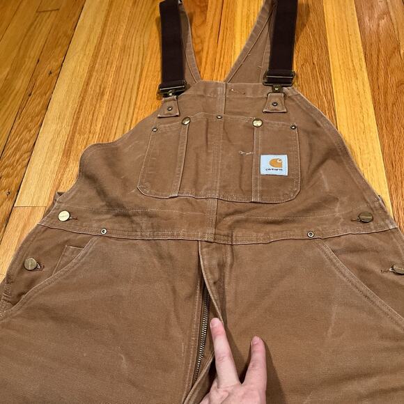 Carhartt Duck Bib Overalls Sz 38x28 Double Knee Red Quilt Canvas Lined Workwear - Picture 4 of 9